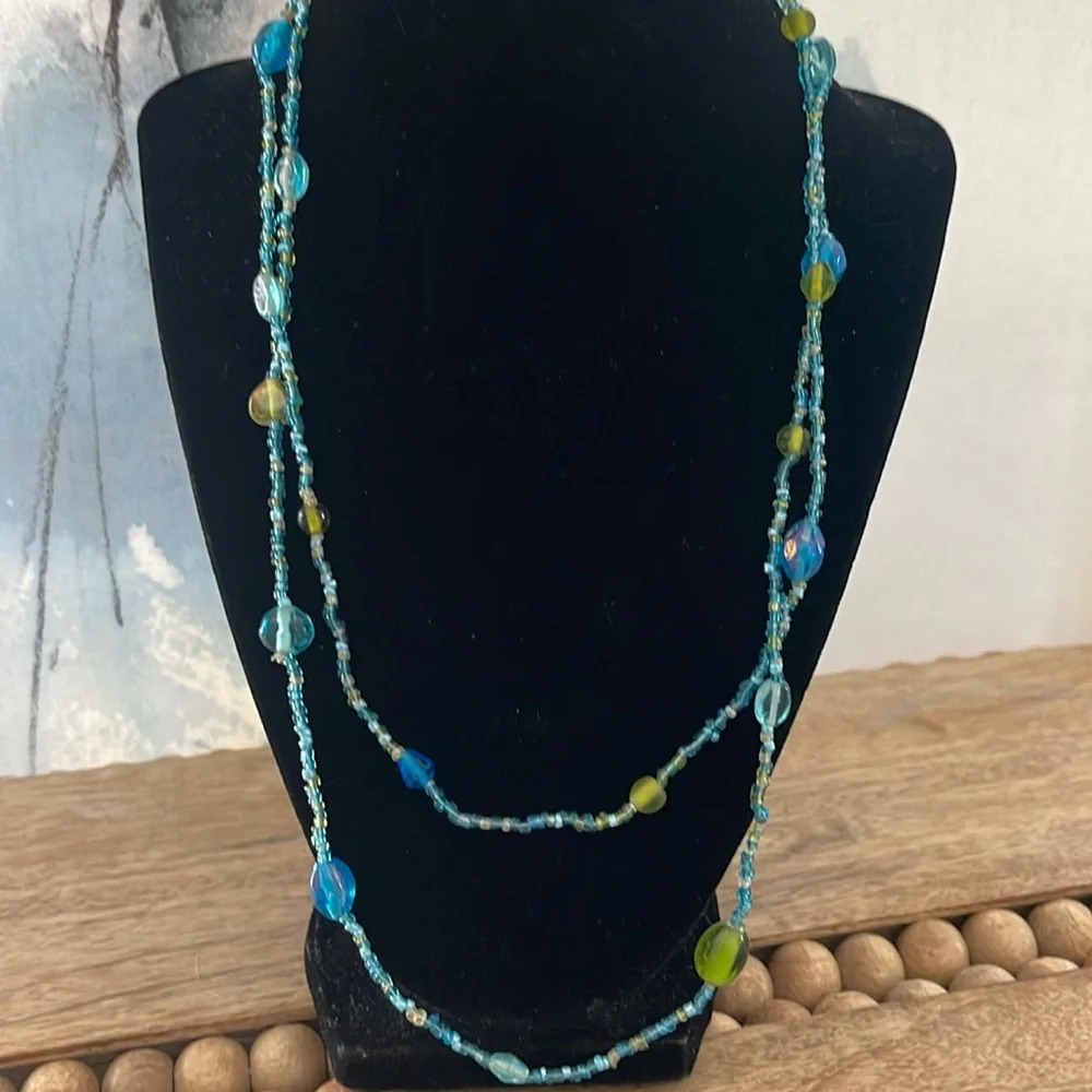 Beaded long necklace glass blue green boho casual